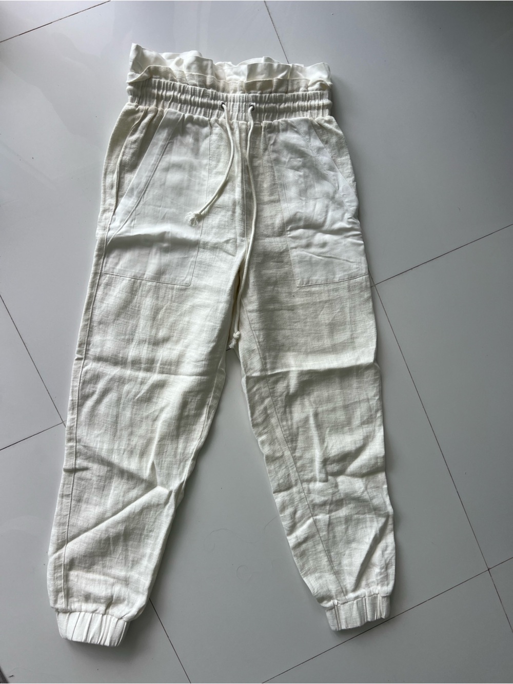 Blank NYC White Elastic-Waist Linen-Blend Pants